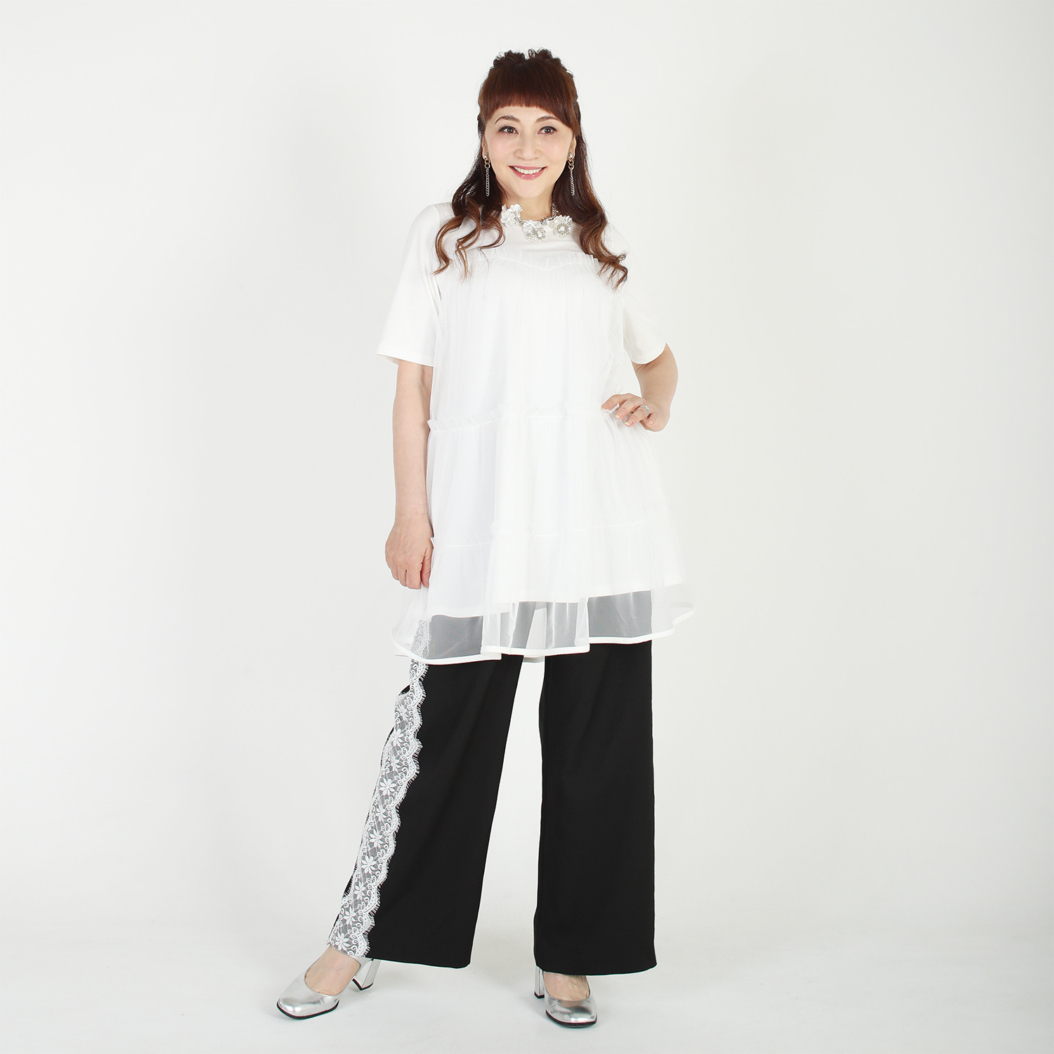 マダムミーナ ソフト天竺＆チュール ティアードデザイン ギャザーフレアー チュニック