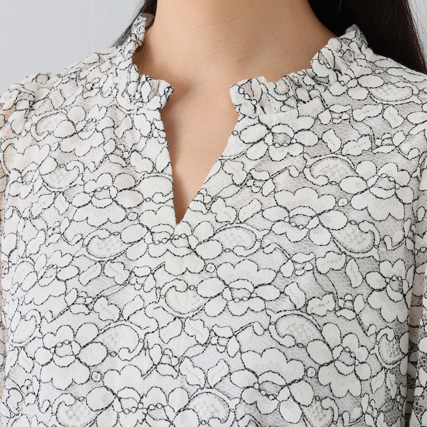 マダムミーナ 配色フラワーレース バルーンスリーブ ギャザーフレアー ワンピース