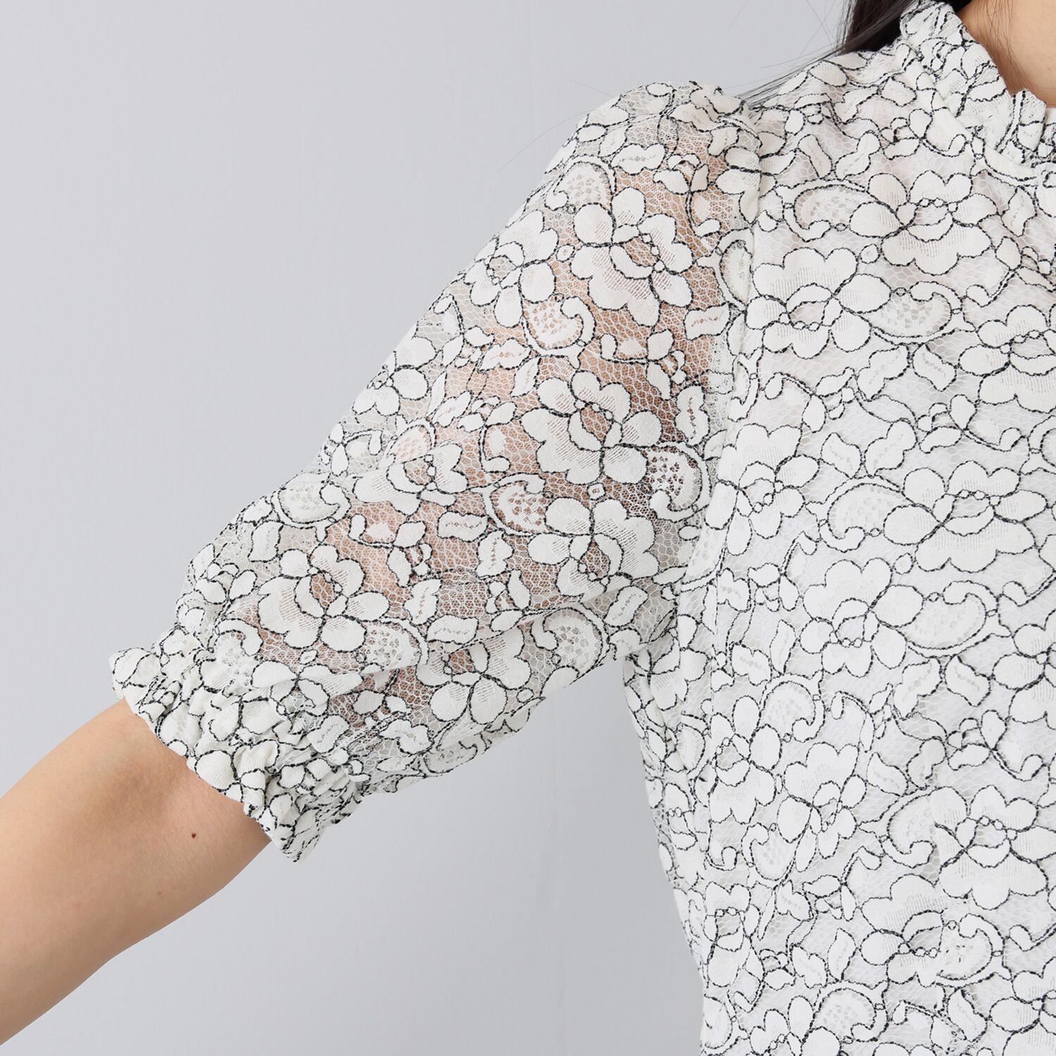 マダムミーナ 配色フラワーレース バルーンスリーブ ギャザーフレアー ワンピース