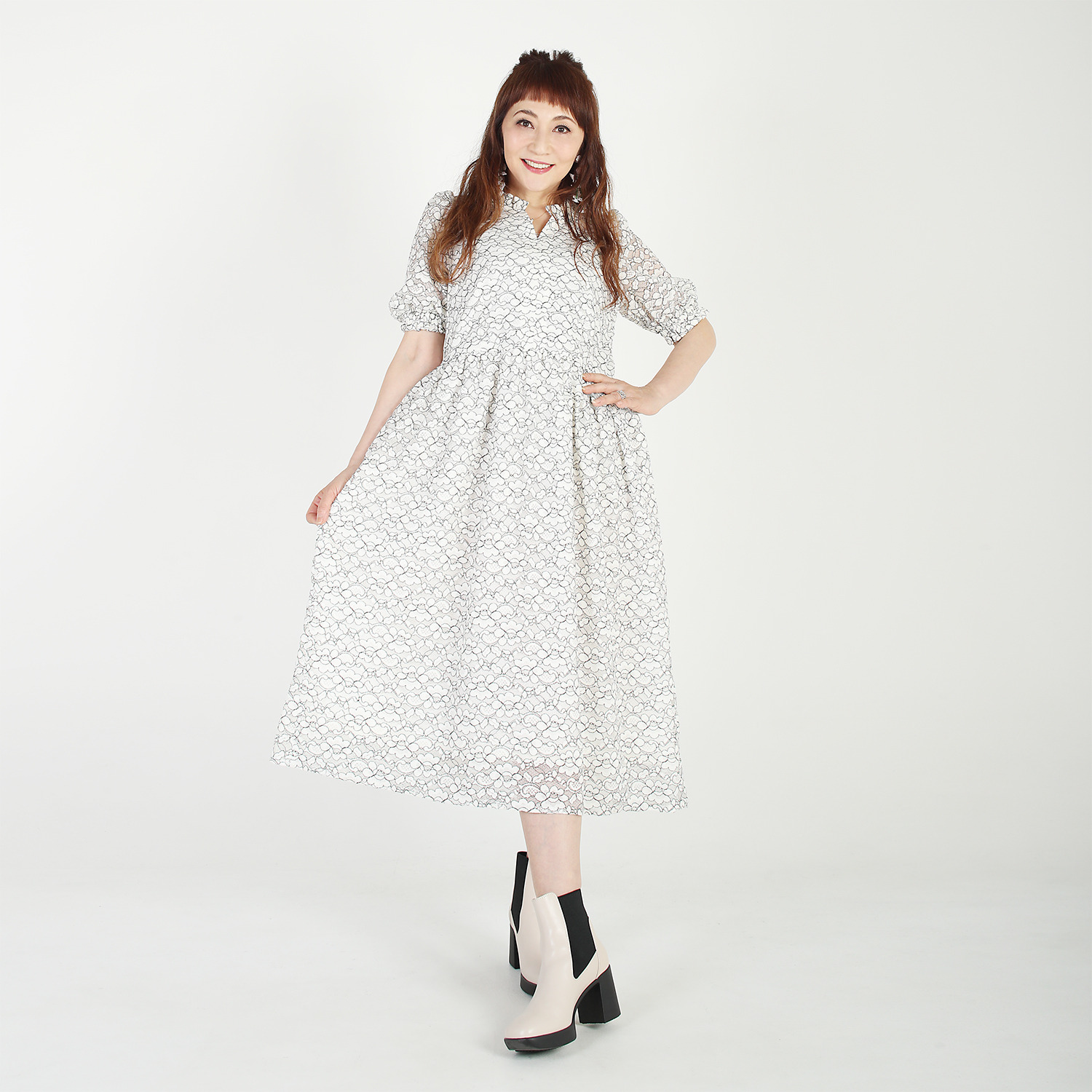 マダムミーナ 配色フラワーレース バルーンスリーブ ギャザーフレアー ワンピース