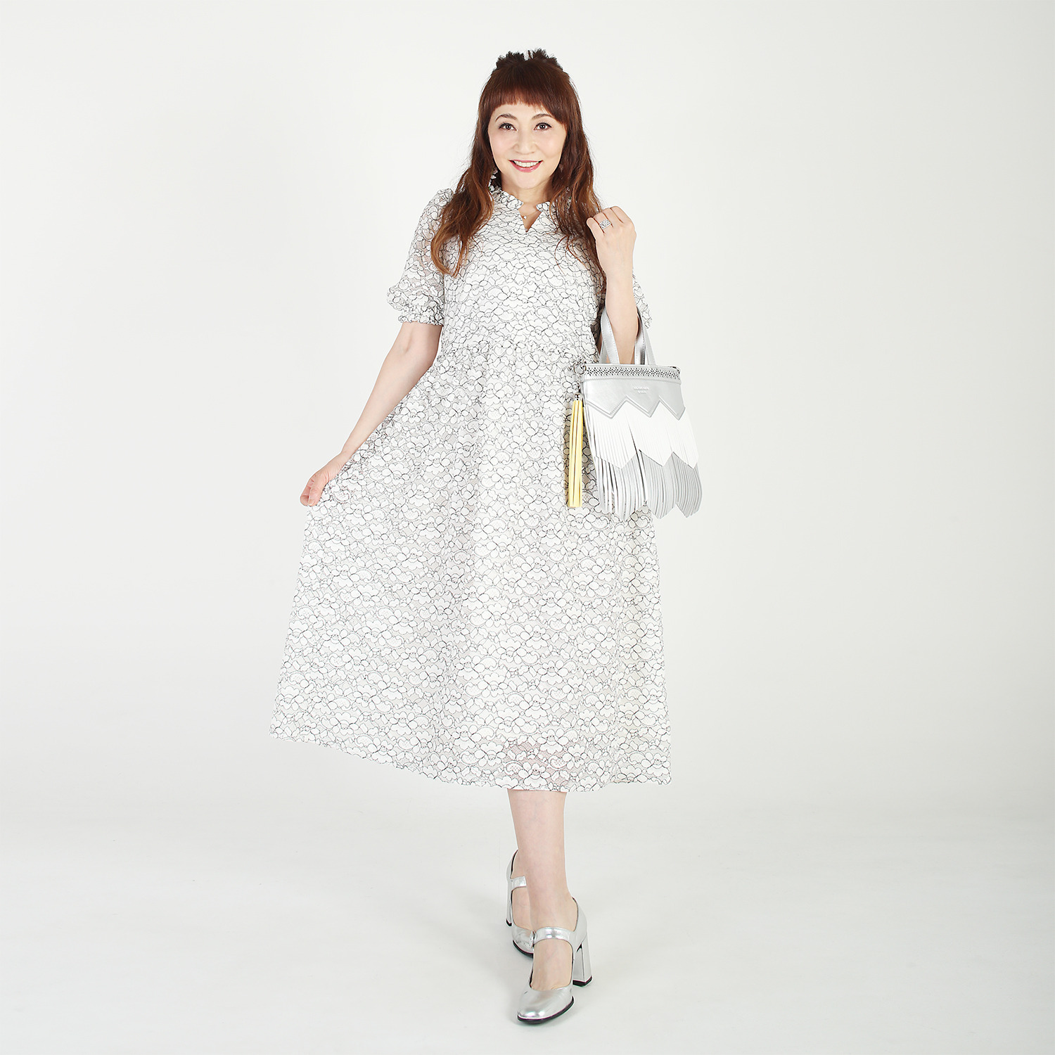 マダムミーナ 配色フラワーレース バルーンスリーブ ギャザーフレアー ワンピース