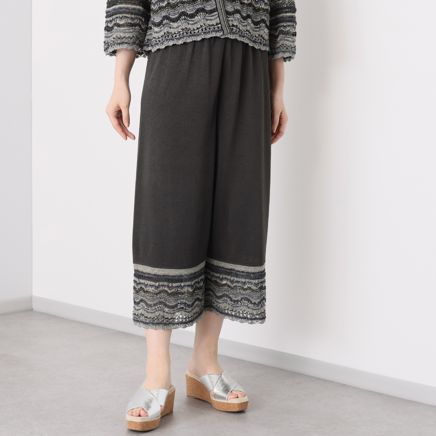 イイネス ファンシーヤーンミックス 切替デザイン 裾ボーダーパンツ