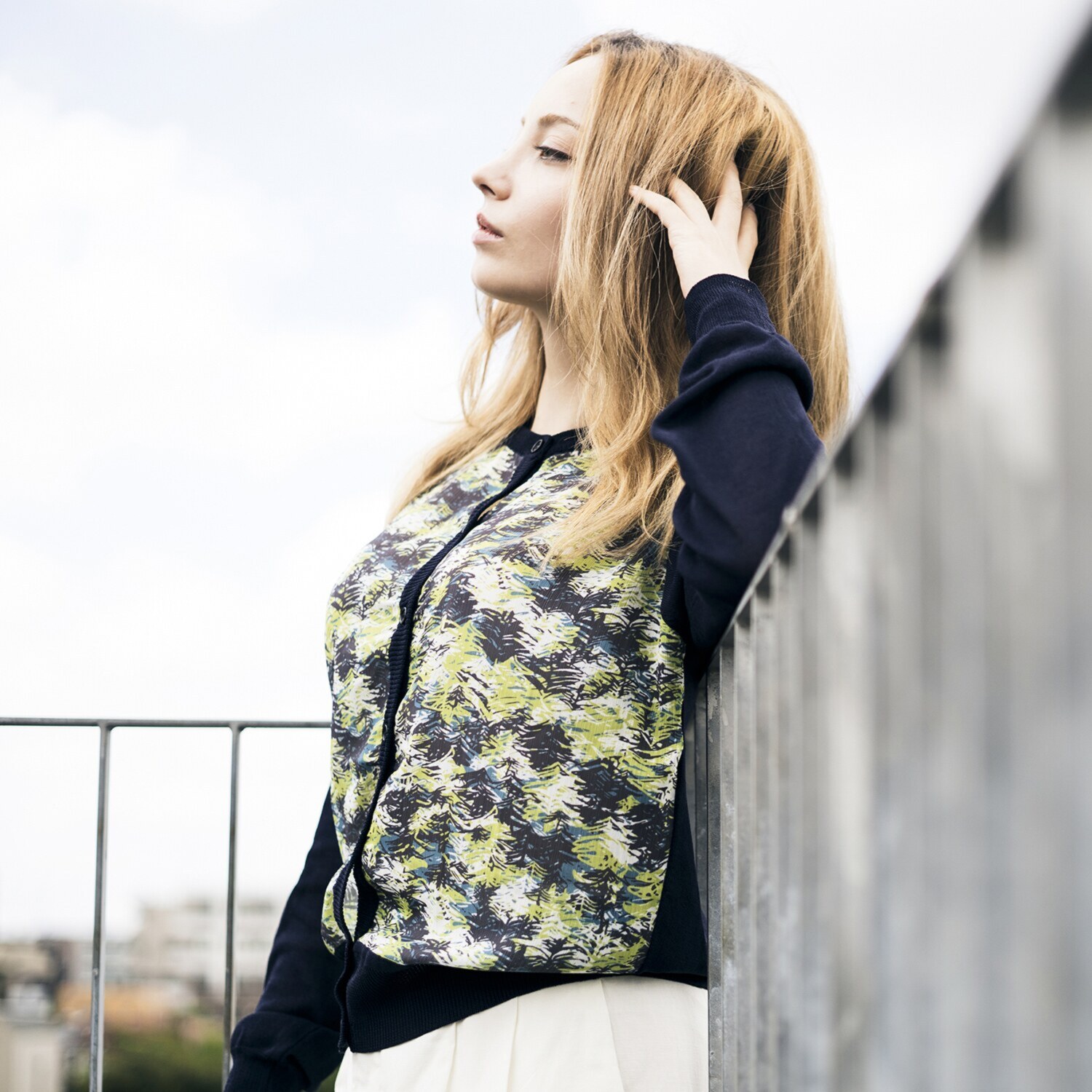 イヴァナ・ヘルシンキ 北欧プリント 異素材切替カーディガン