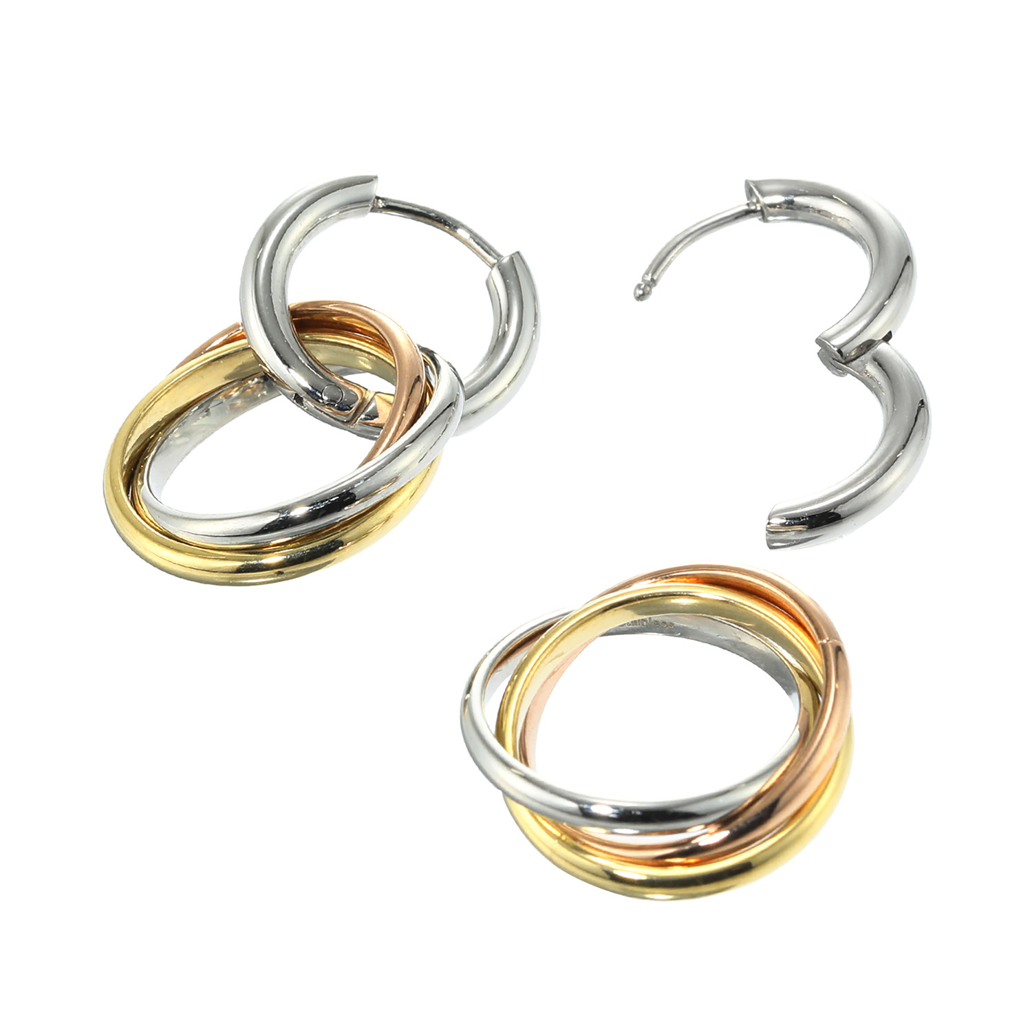 デイスティー サージカルステンレス ３連サークルデザイン ２ウェイ トリカラーピアス