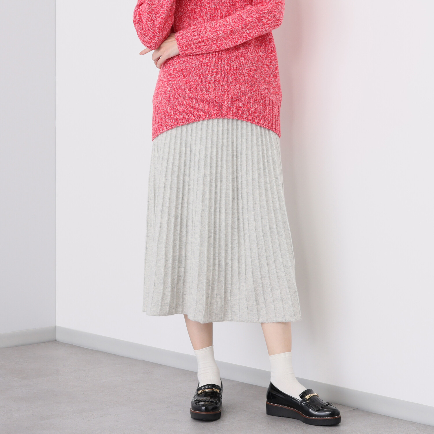 ルーエン　ローズ 日本製 内モンゴル産カシミヤ ワイドリブ　Ａライン プリーツ風スカート