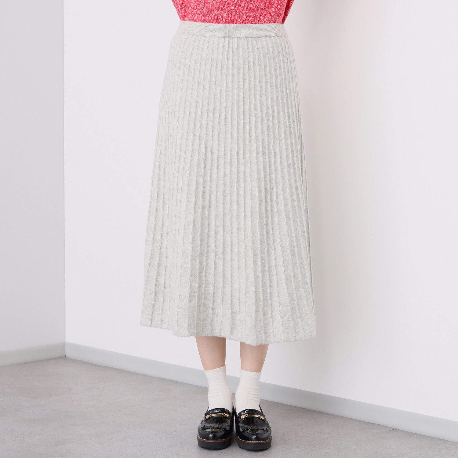 ルーエン　ローズ 日本製 内モンゴル産カシミヤ ワイドリブ　Ａライン プリーツ風スカート