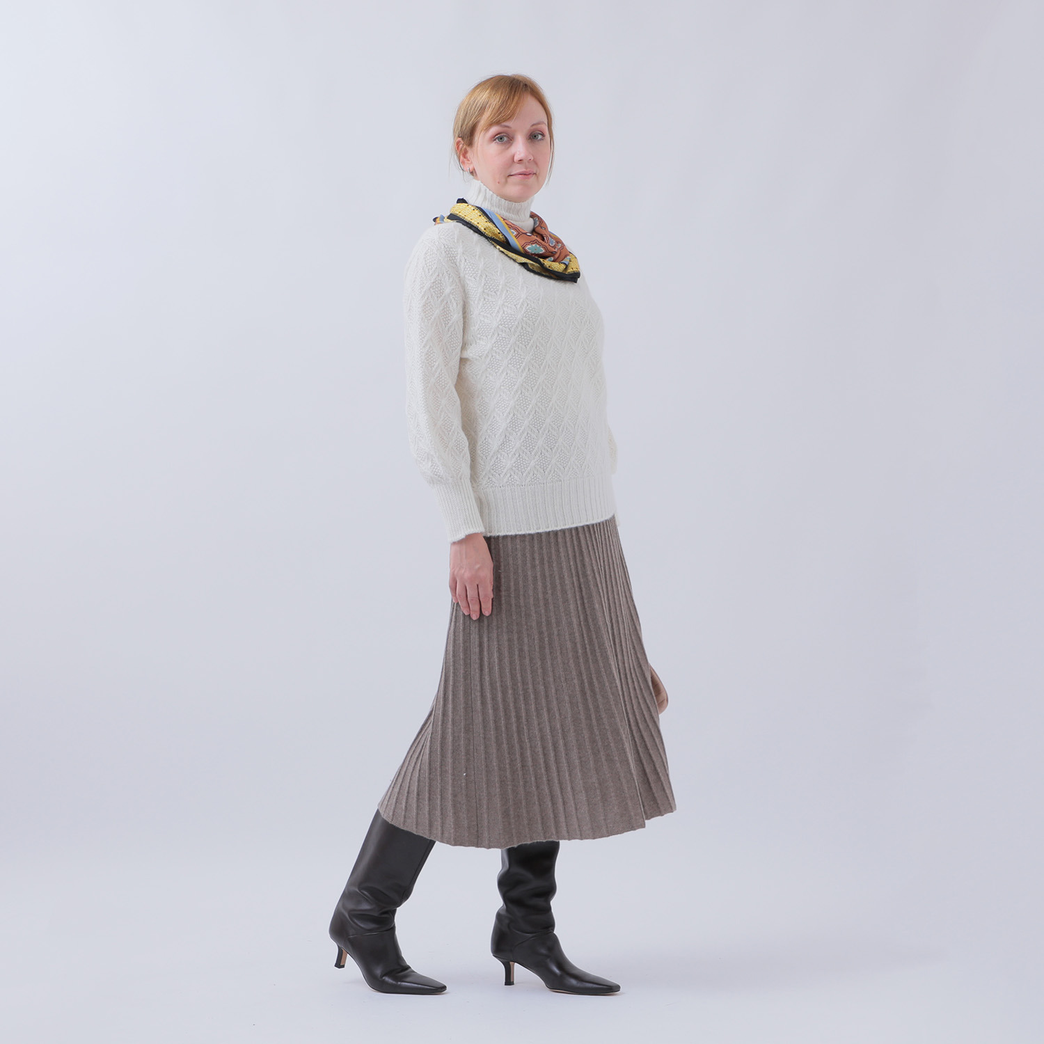 ルーエン　ローズ 日本製 内モンゴル産カシミヤ ワイドリブ　Ａライン プリーツ風スカート