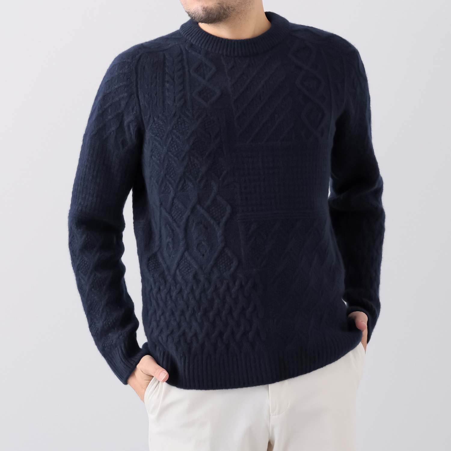 ルーエン　ローズ 日本製　内モンゴル産 カシミヤ１００％ パッチワーク柄 プルオーバー ＜メンズ＞