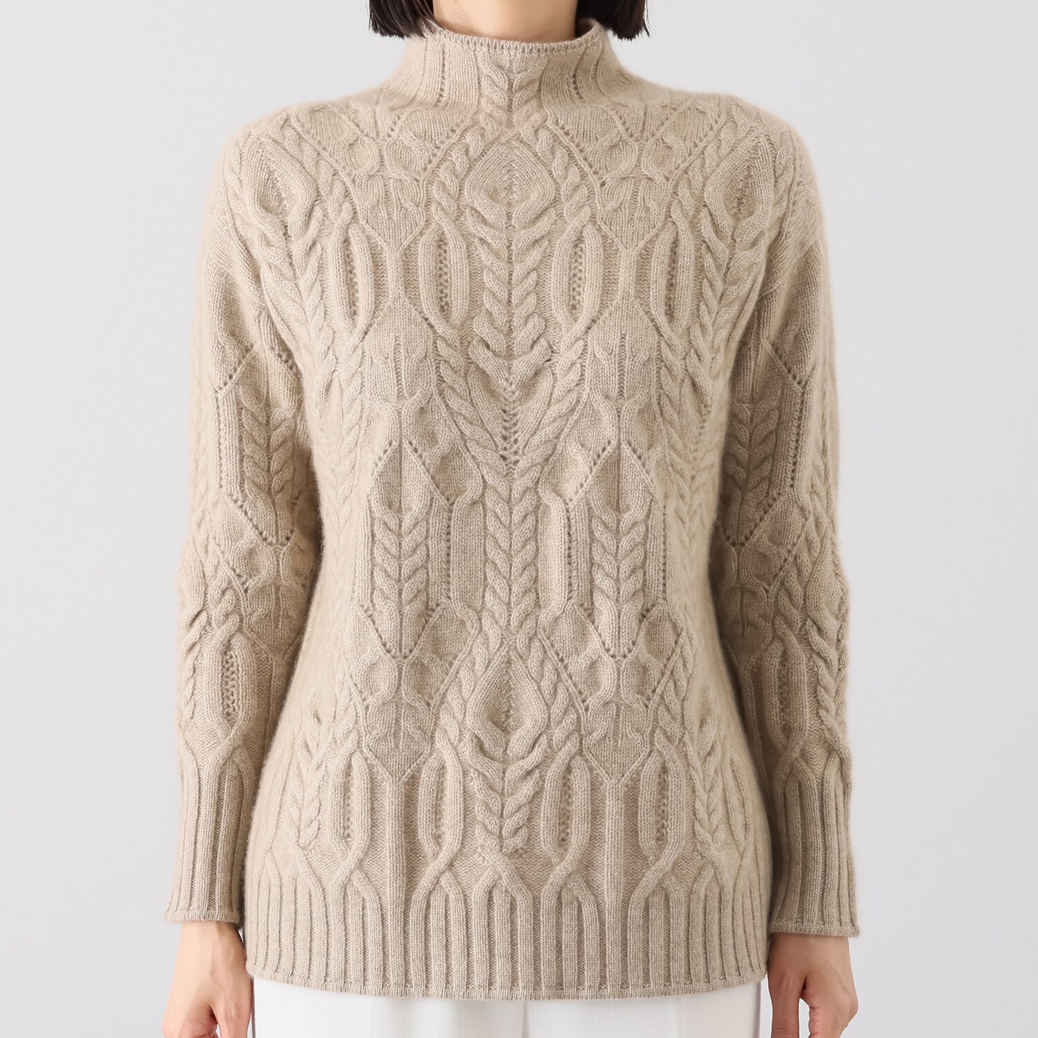 ネイチャーズ 無染色カシミヤ ケーブル編 ボトルネックプルオーバー