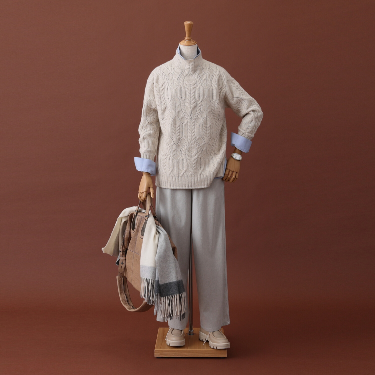 ネイチャーズ 無染色カシミヤ ケーブル編 ボトルネックプルオーバー