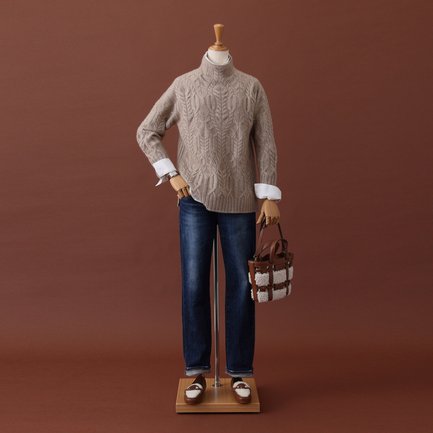 ネイチャーズ 無染色カシミヤ ケーブル編 ボトルネックプルオーバー