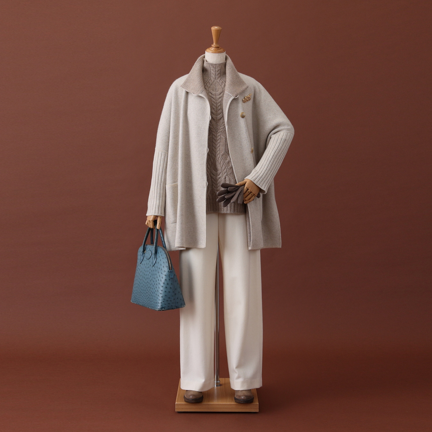 ネイチャーズ 無染色カシミヤ ケーブル編 ボトルネックプルオーバー