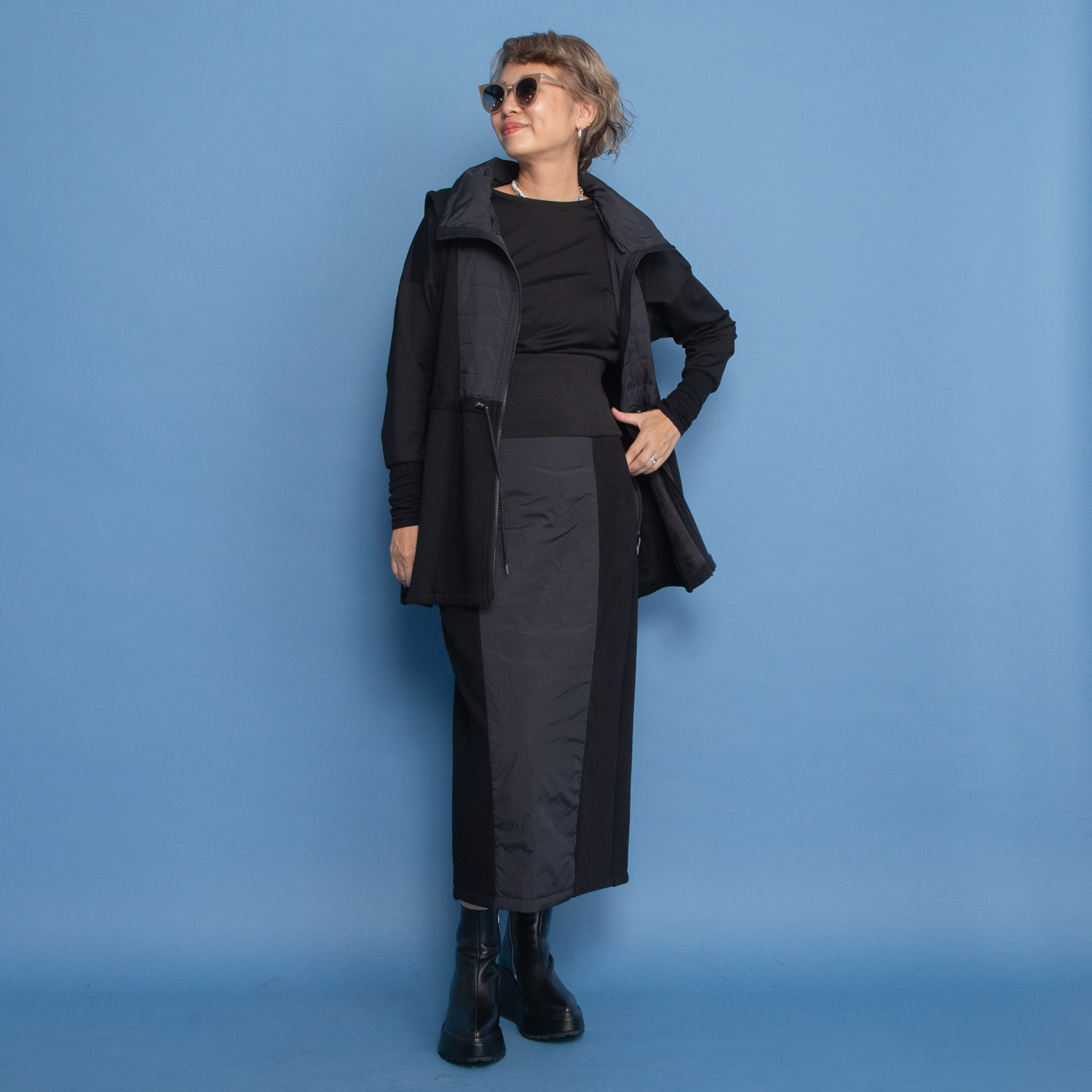 キノウ バイ　ヨーコモリモト 中綿キルトと極上裏起毛で 暖かくおしゃれに軽快に Ｉラインロングスカート