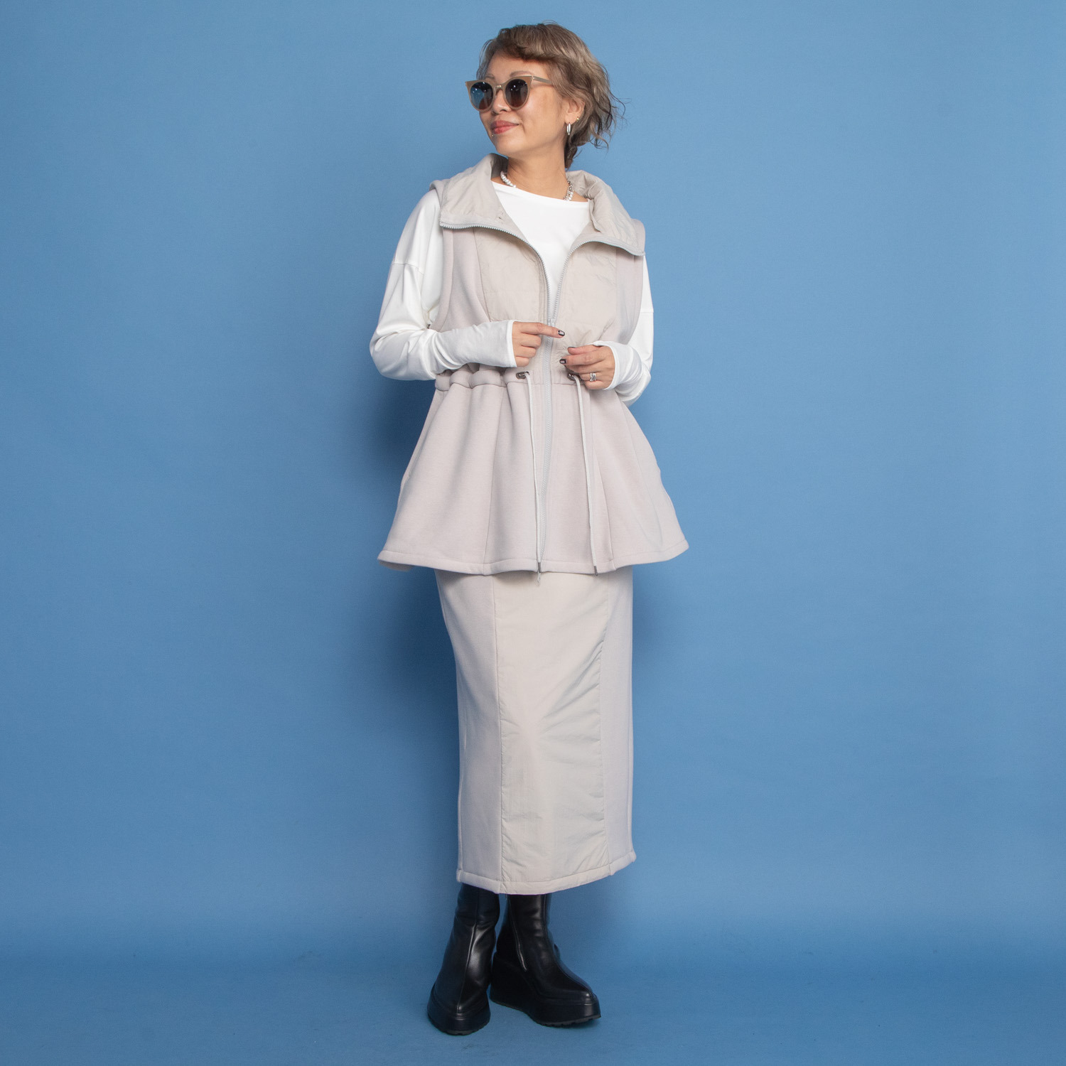 キノウ バイ　ヨーコモリモト 中綿キルトと極上裏起毛で 暖かくおしゃれに軽快に Ｉラインロングスカート