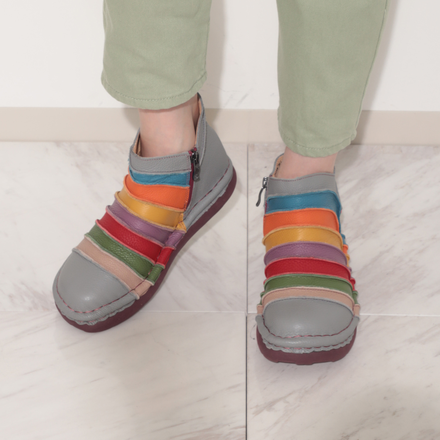 エスタシオン 牛革 ボーダーデザイン ショートブーツ 