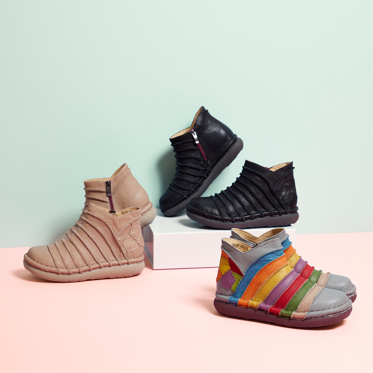 エスタシオン 牛革 ボーダーデザイン ショートブーツ 