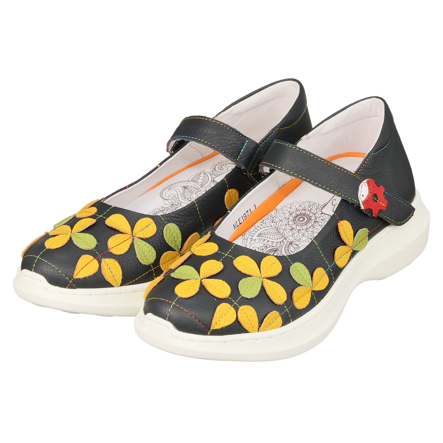 エスタシオン 牛革 空気循環ソール 花柄ベルトシューズ