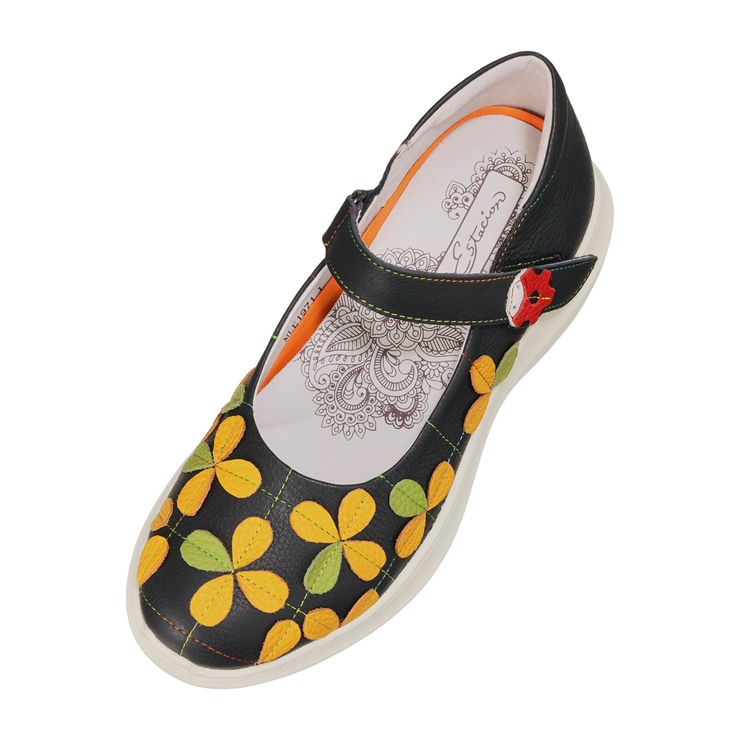 エスタシオン 牛革 空気循環ソール 花柄ベルトシューズ