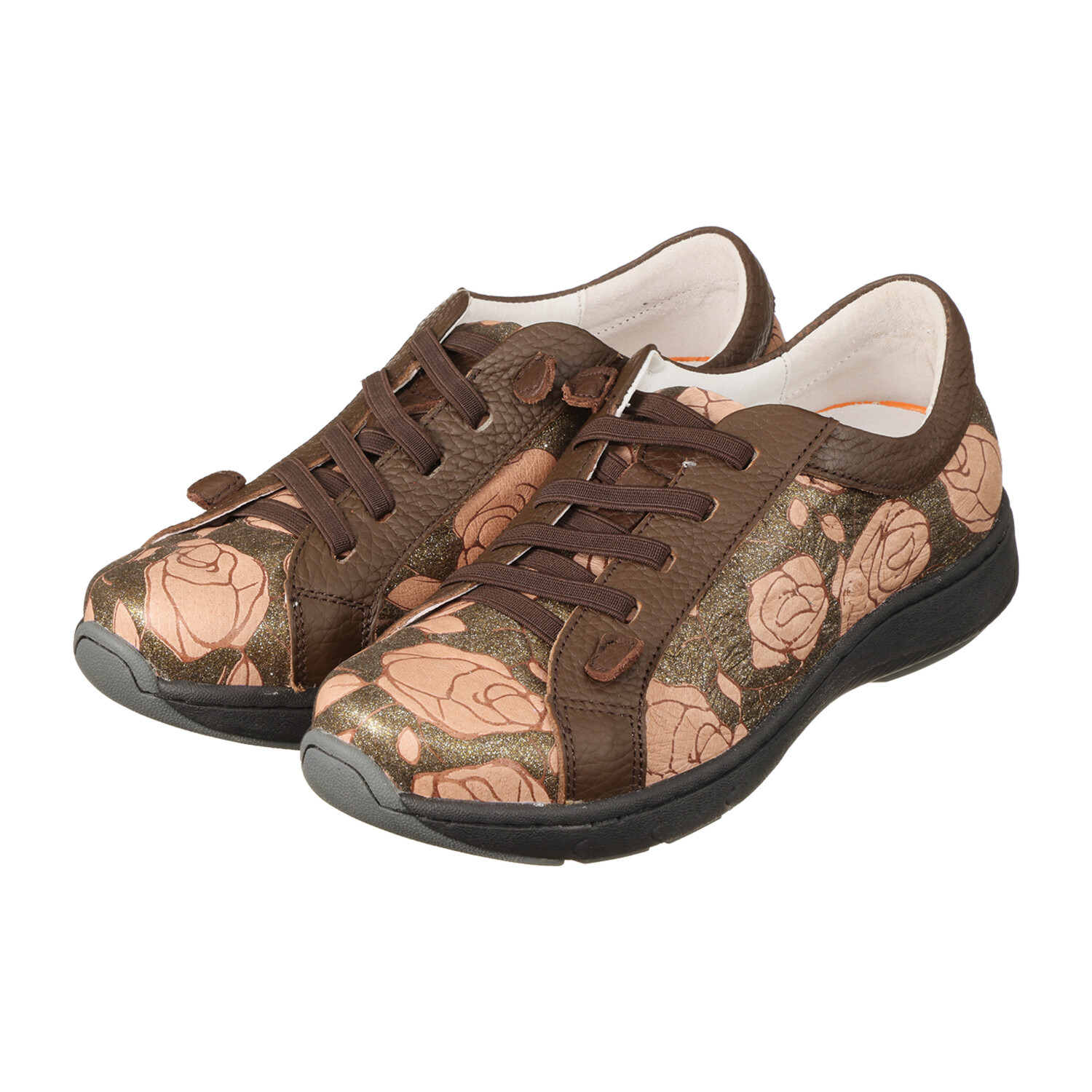 エスタシオン レザー 空気循環ソール 花柄プリント ゴムレースシューズ