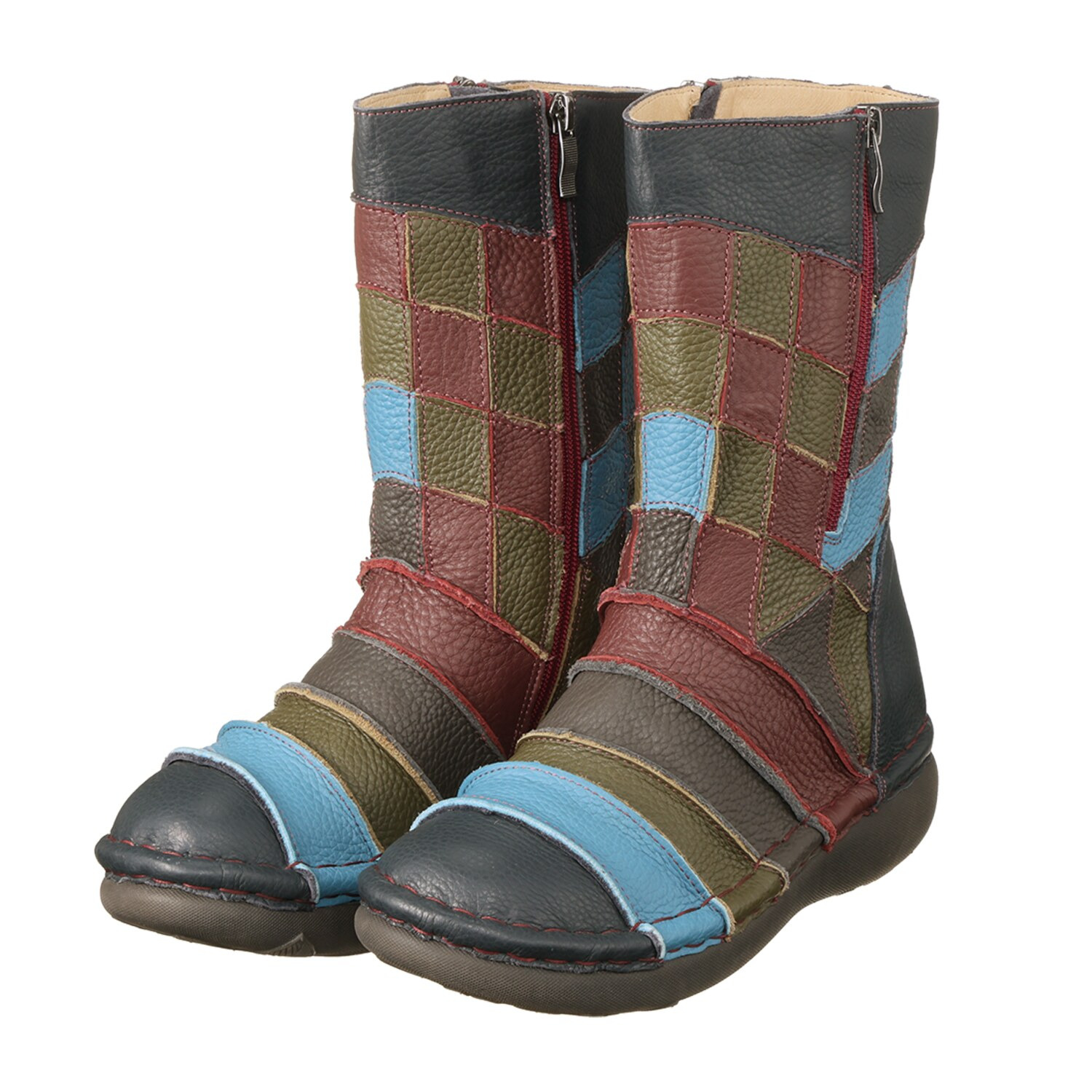 エスタシオン 牛革 パッチワークデザイン ミドル丈ブーツ