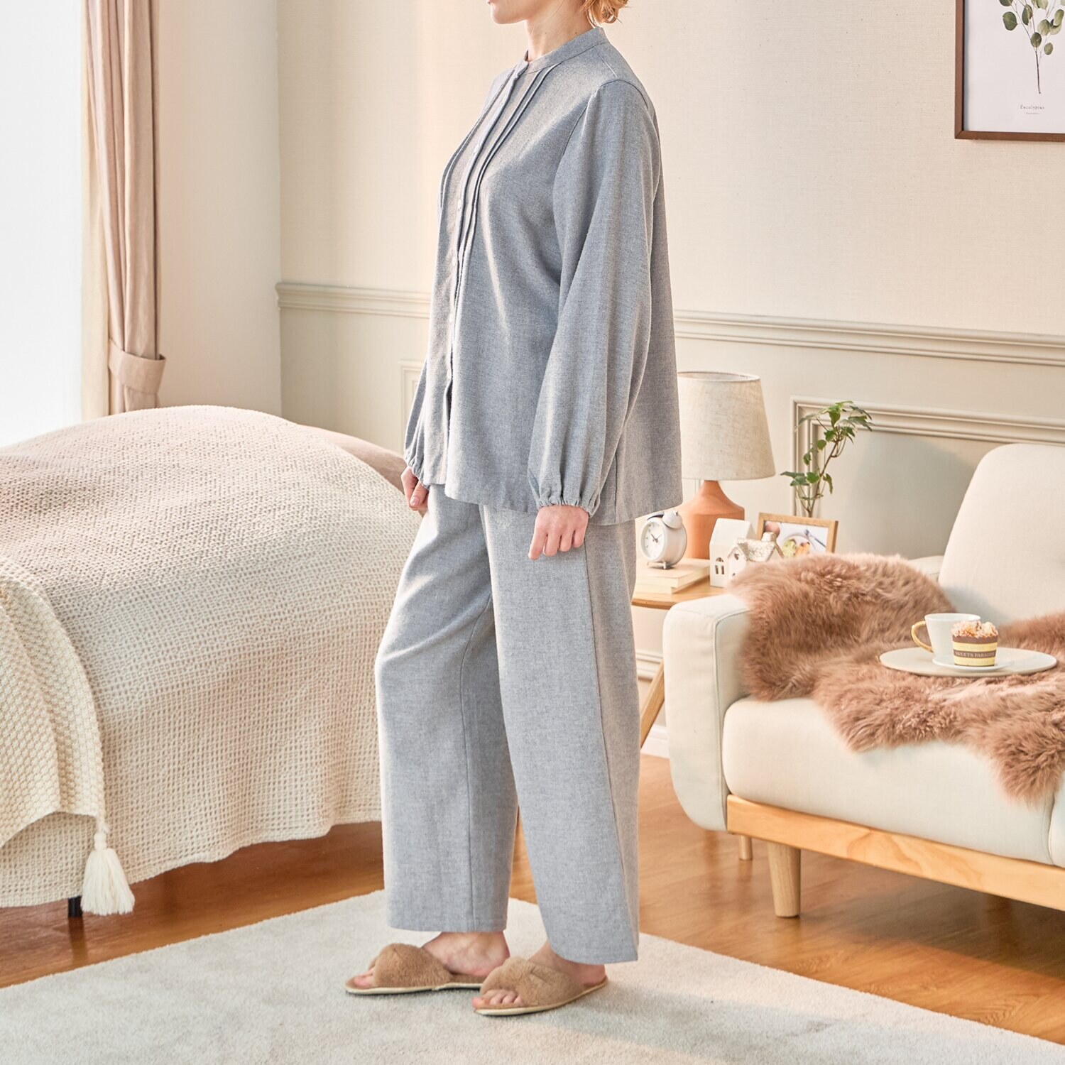 ナルエー コットン１００％ フランネル 刺しゅうアクセント ルームウェア