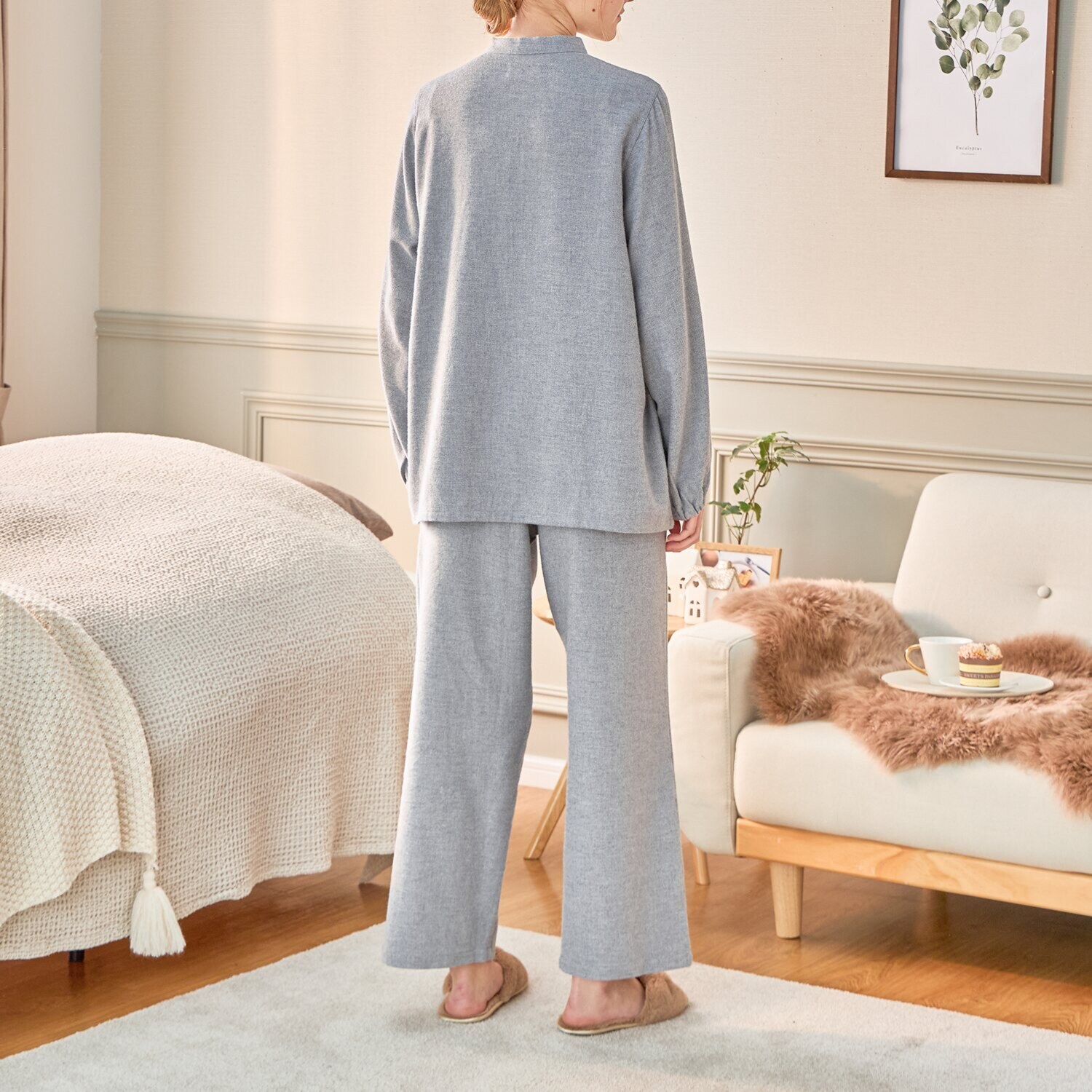 ナルエー コットン１００％ フランネル 刺しゅうアクセント ルームウェア