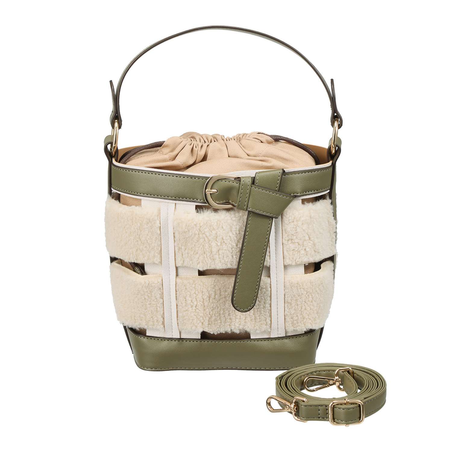 ラルジュ 巾着付 ボア ベルトアクセント ２ウェイバッグ