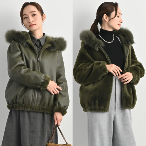 ティエドゥール　コロメル社製　イングランドムートン＆　ブルーフォックス　ギャザーデザイン　リバーシブル　フーディージャケット