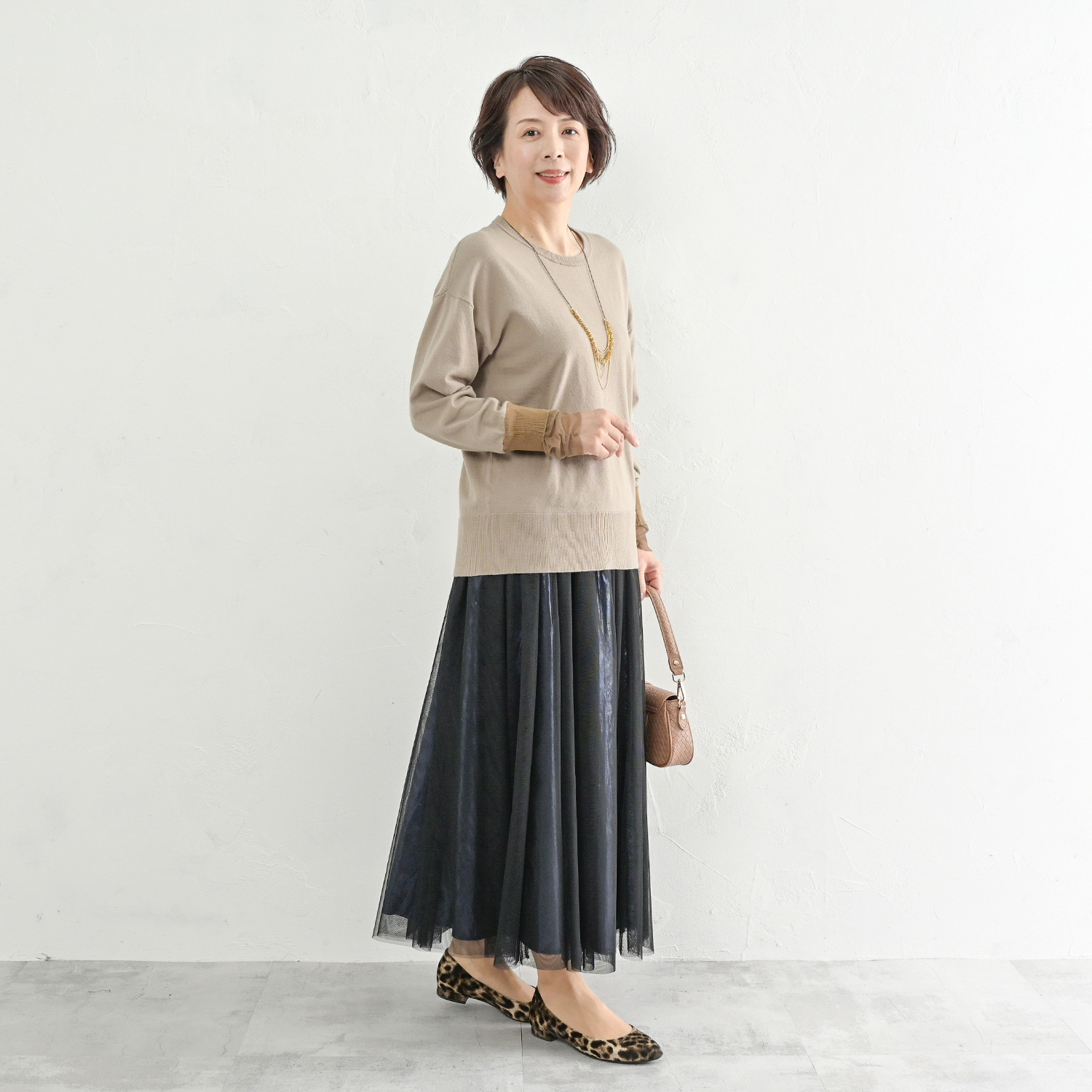 アンリック　オー　ブルー コットンブレンド 袖口チュールアクセント ニットプルオーバー