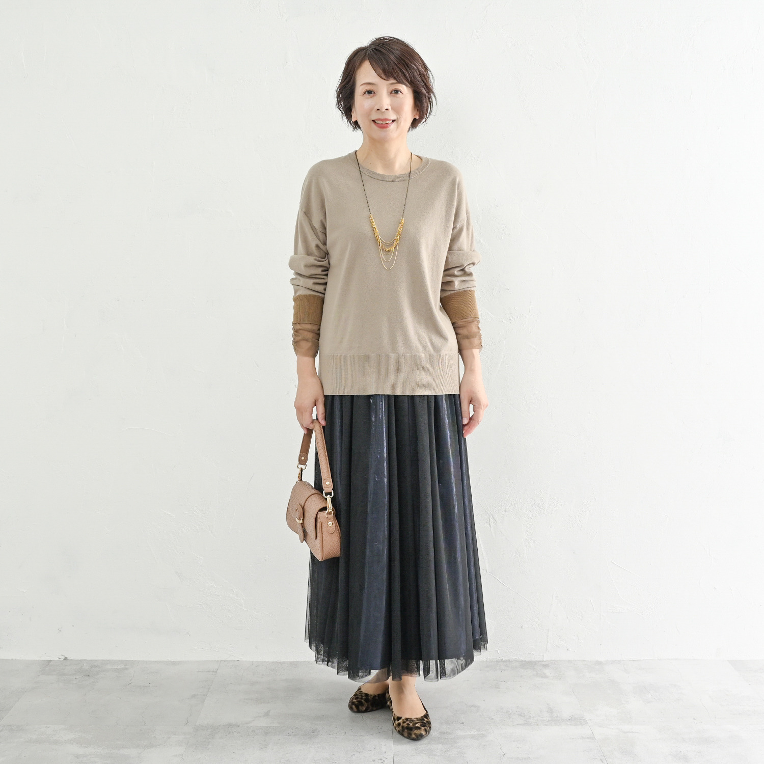 アンリック　オー　ブルー コットンブレンド 袖口チュールアクセント ニットプルオーバー