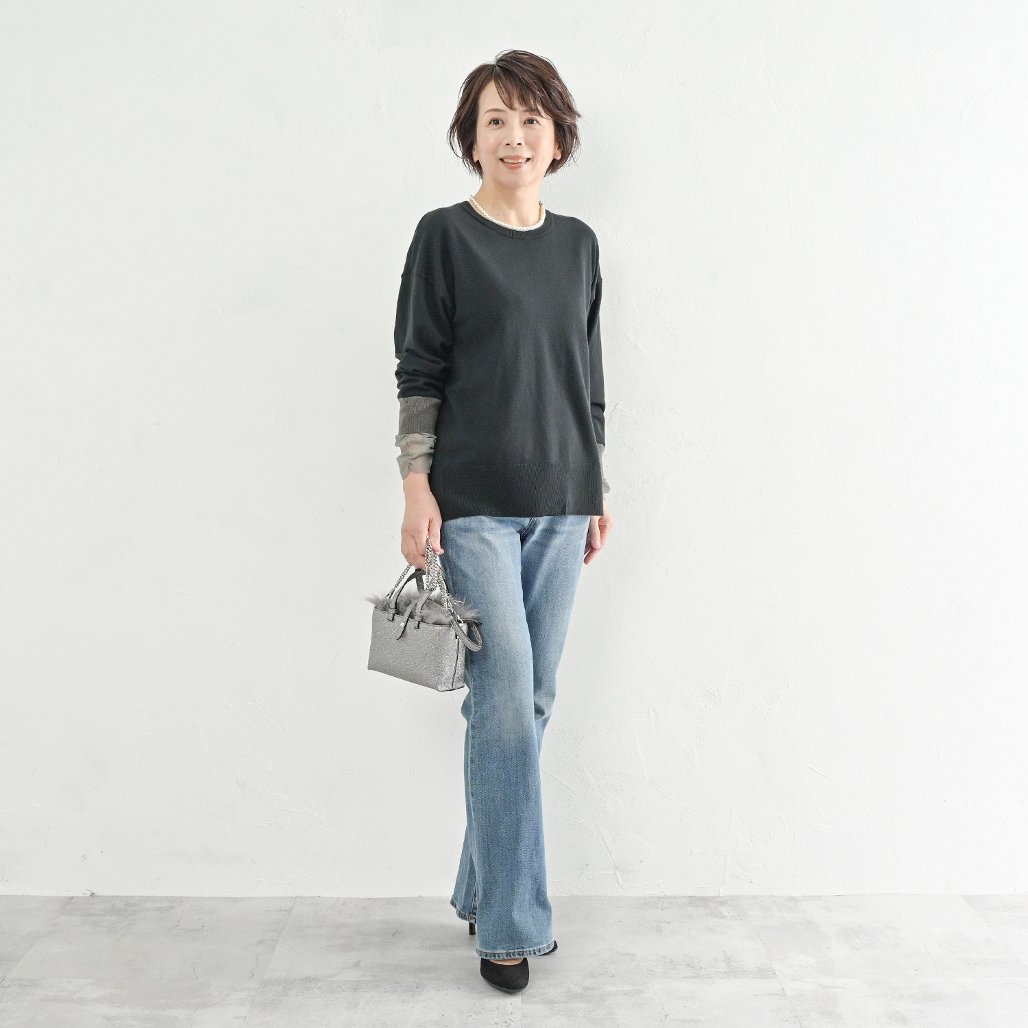 アンリック　オー　ブルー コットンブレンド 袖口チュールアクセント ニットプルオーバー