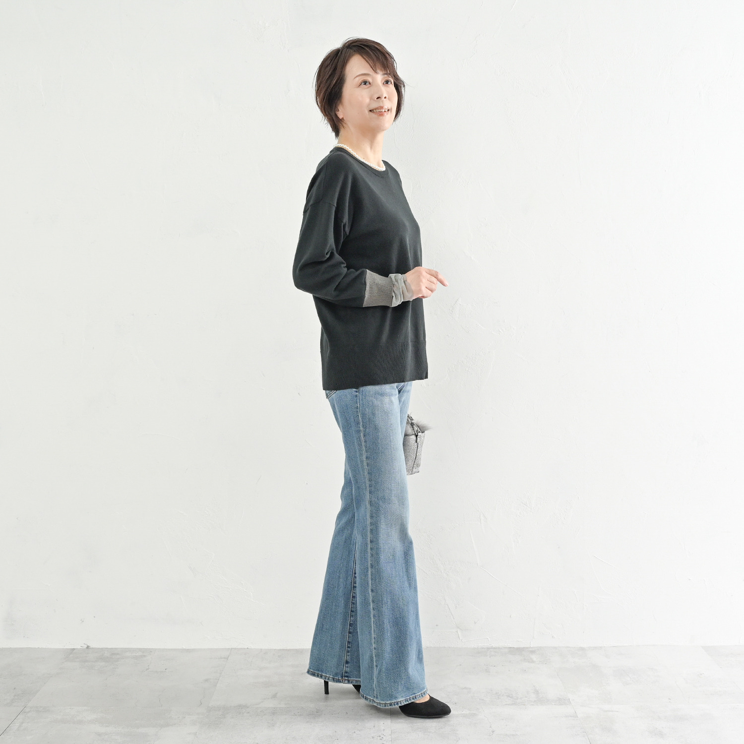 アンリック　オー　ブルー コットンブレンド 袖口チュールアクセント ニットプルオーバー