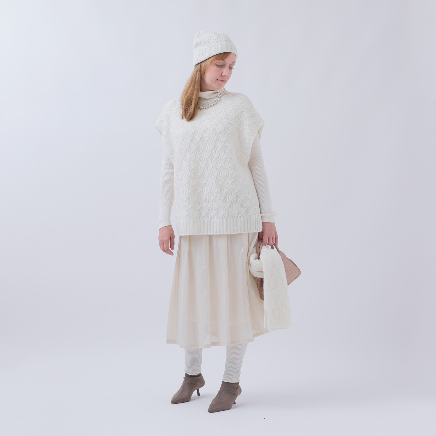 エウラーカ 日本製 カシミヤ１００％ フラワーバスケット柄× 鹿の子柄 ２ウェイポンチョ