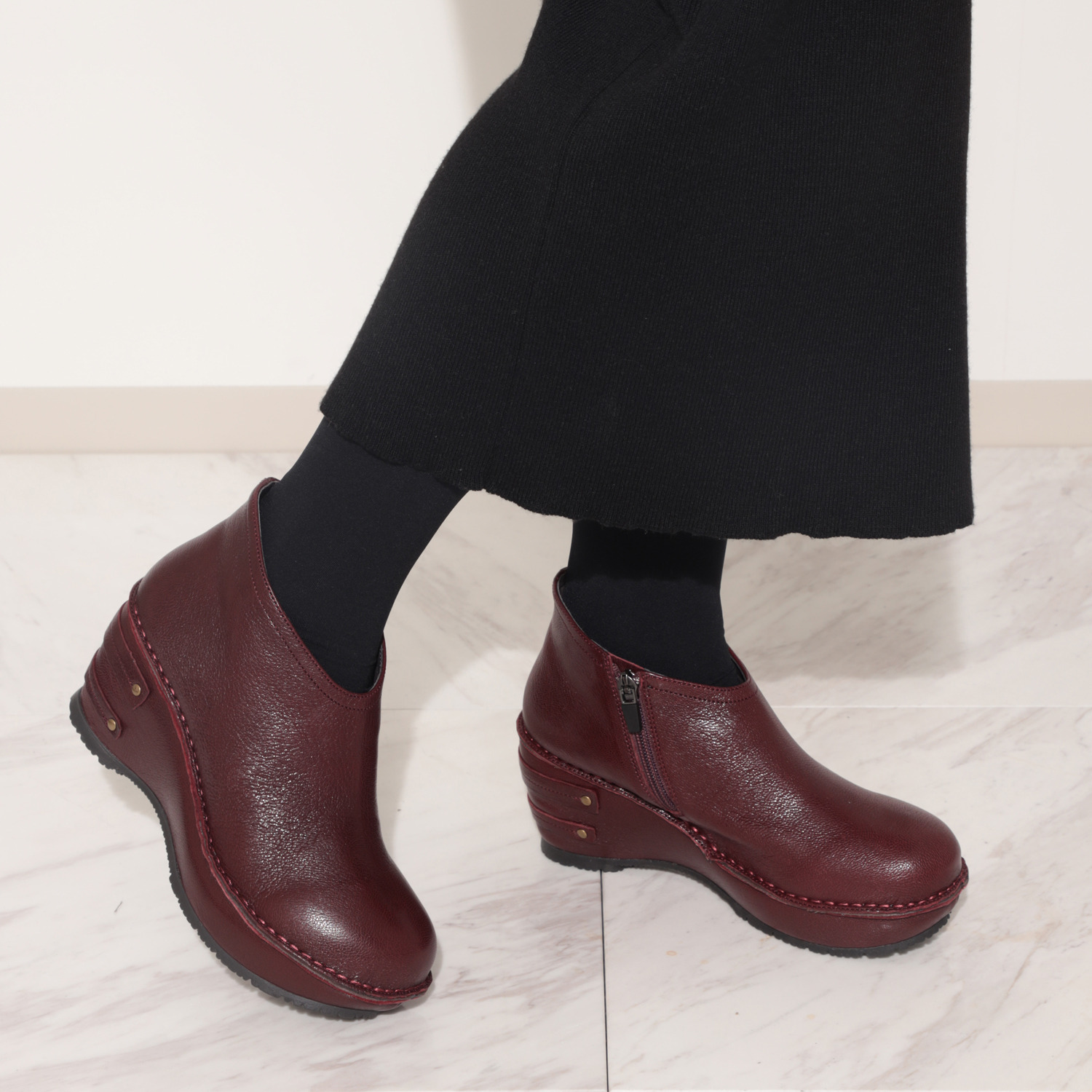 ヒナ　デイグリーン 日本製 育てるレザー ディープライン 厚底アンクルブーツ