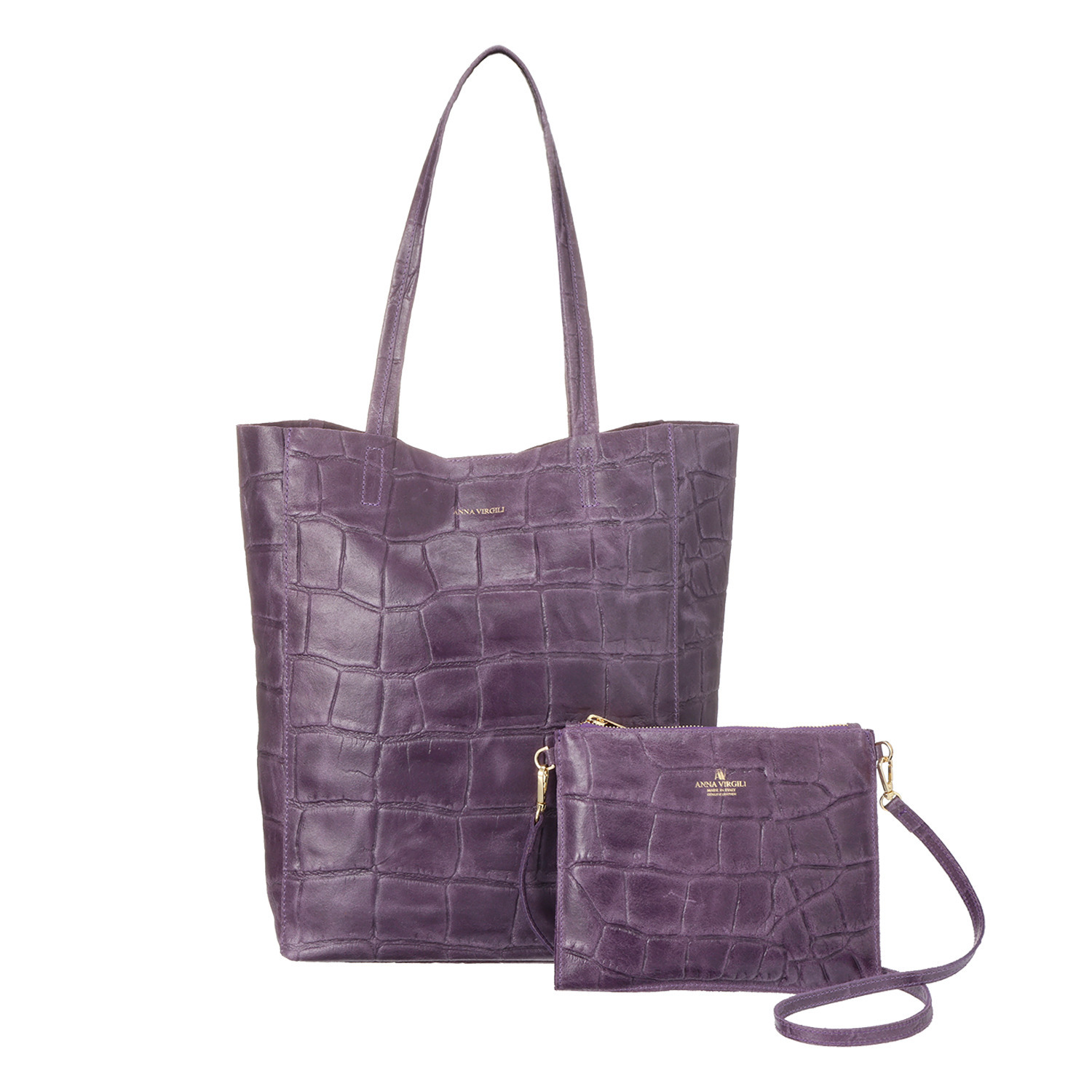 アンナヴィルジリ ＜イタリア製＞ カーフスエード クロコ型押し ショルダーポーチ付 トートバッグ