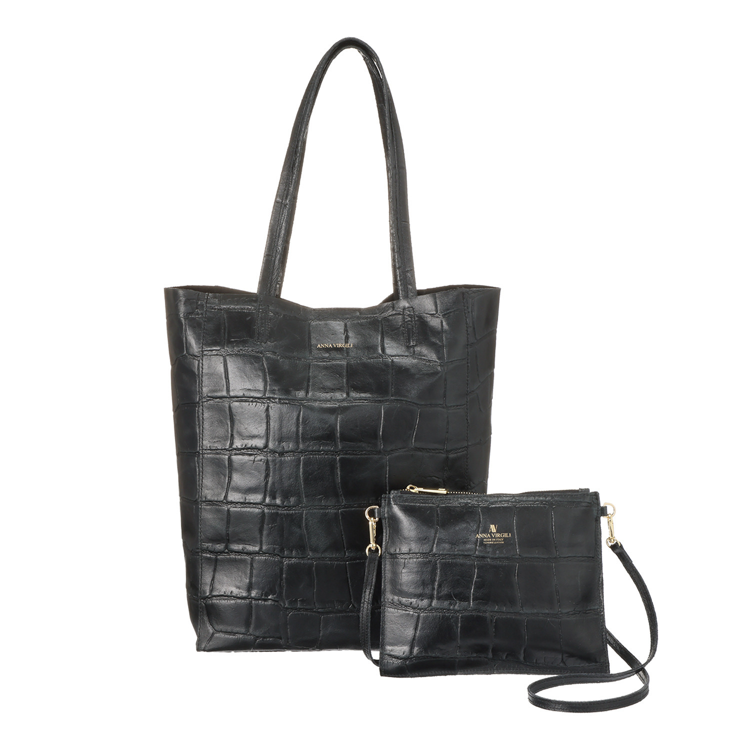 アンナヴィルジリ ＜イタリア製＞ カーフスエード クロコ型押し ショルダーポーチ付 トートバッグ