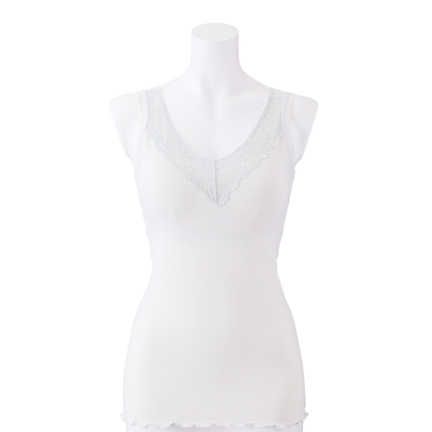 丸福ガーゼ 吸水速乾・抗菌防臭 綿モダール混 カップ付Ｖネック レーシータンクトップ