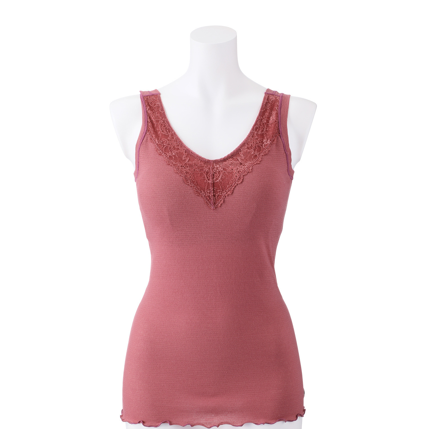 丸福ガーゼ 吸水速乾・抗菌防臭 綿モダール混 カップ付Ｖネック レーシータンクトップ