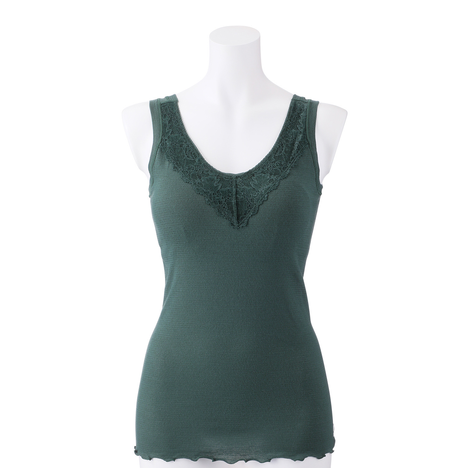 丸福ガーゼ 吸水速乾・抗菌防臭 綿モダール混 カップ付Ｖネック レーシータンクトップ