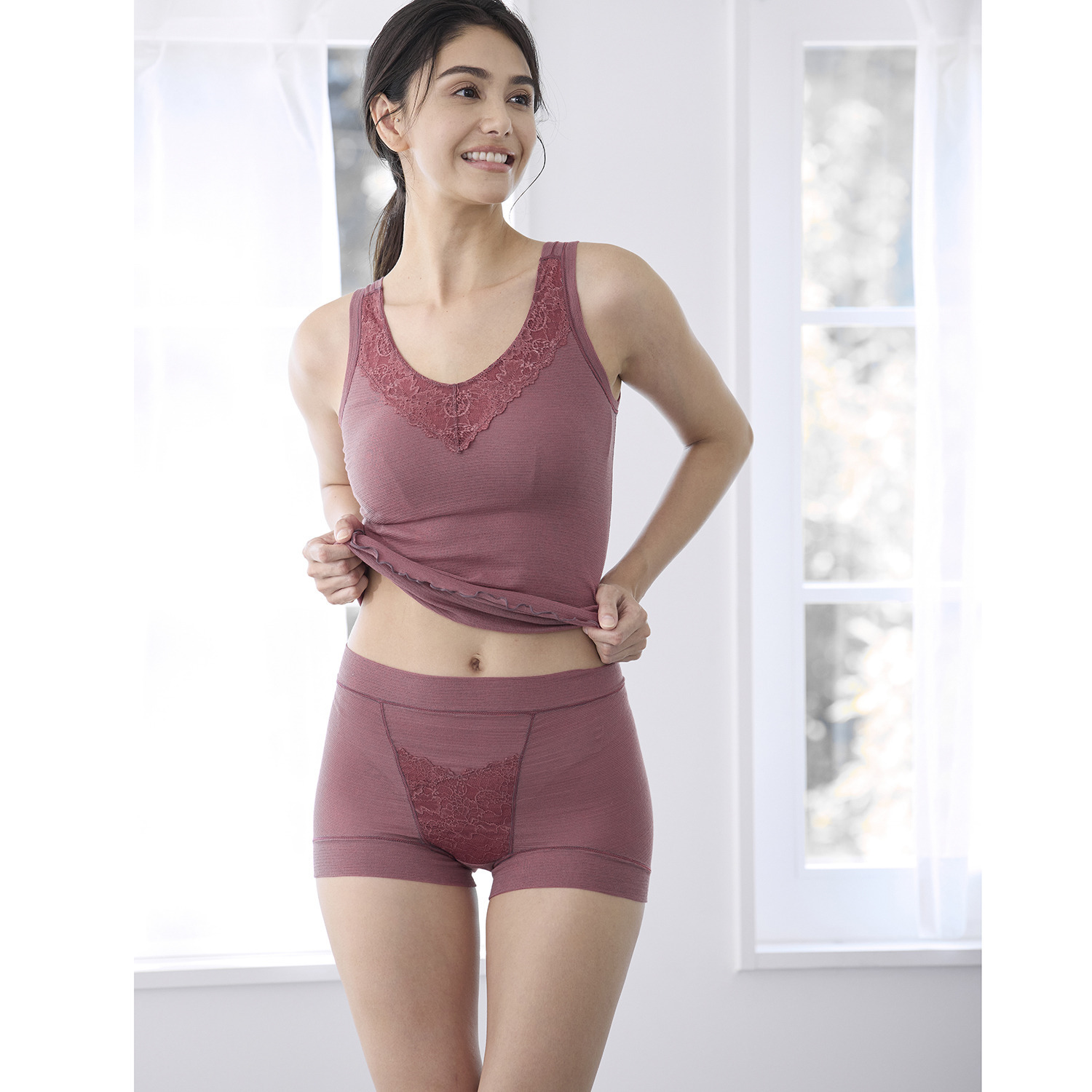 丸福ガーゼ 吸水速乾・抗菌防臭 綿モダール混 極上楽ちん 一分丈レーシーショーツ 同色２枚セット