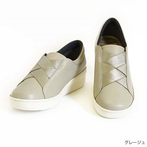 ミスキョウコ 日本製　はっ水ソフト牛革 クロスゴムデザイン 軽量オパンケスニーカー