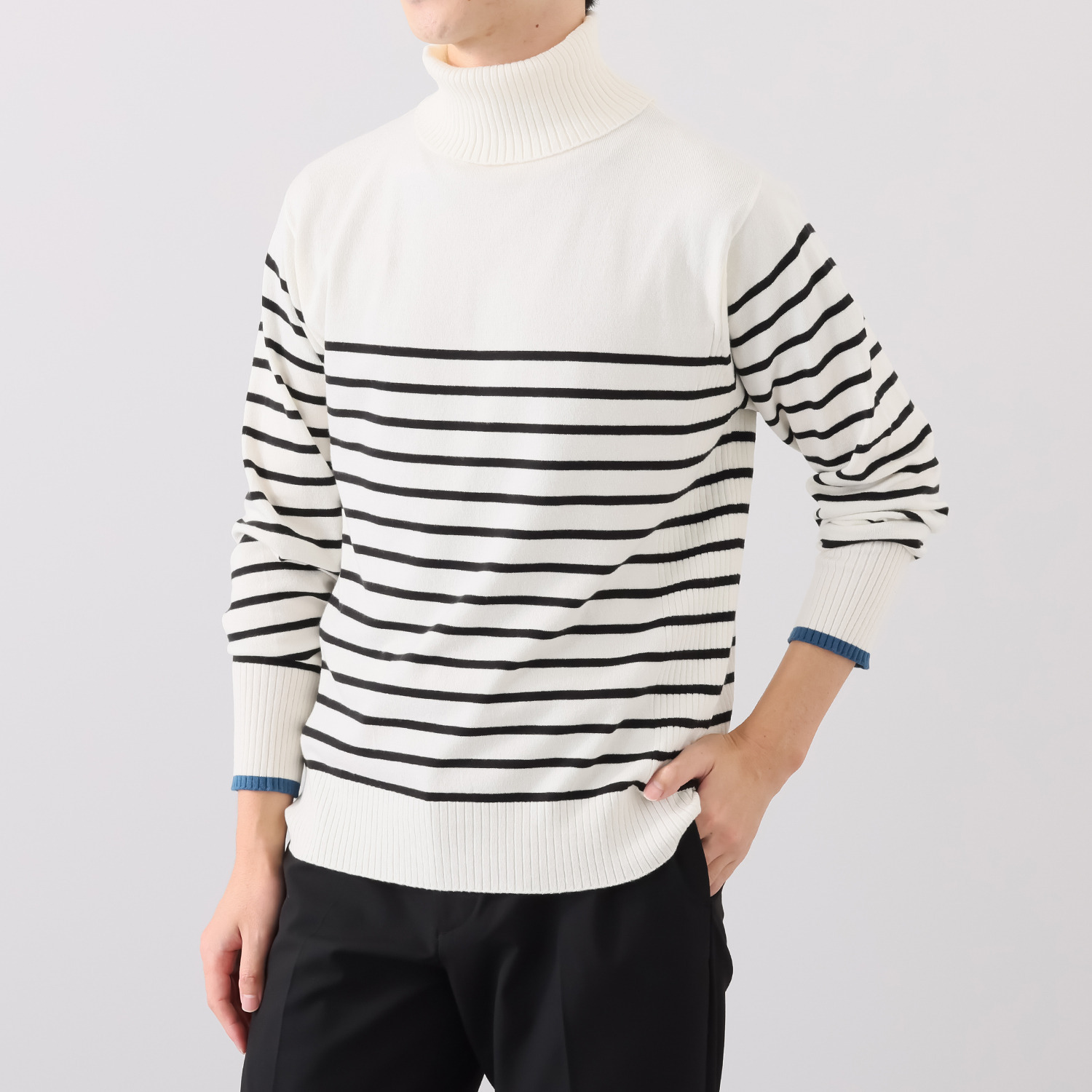 ラヴィーコンフォート 吸湿発熱 袖口配色＆リブアクセント タートルネック プルオーバー　＜メンズ＞