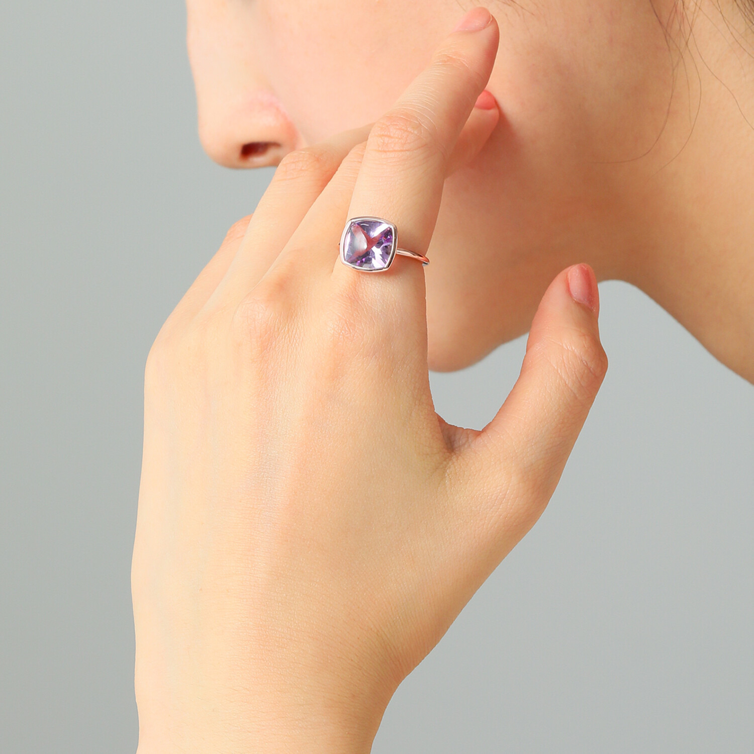 セレンディラム シルバー アメシスト クッションシェイプ クロスカットバフトップ リング
