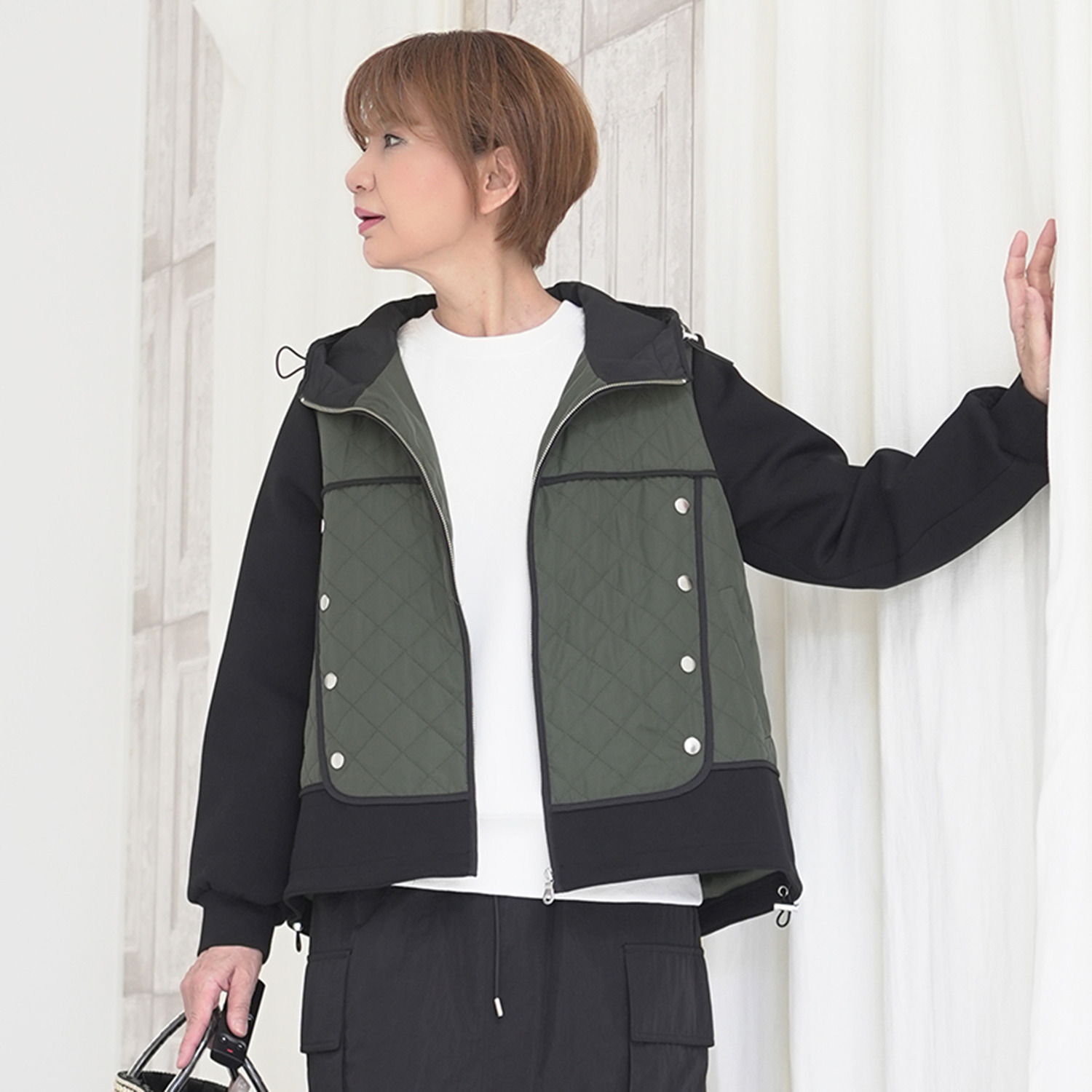 エムズ　スタイル キルティングデザイン パイピングアクセント フーディーブルゾン