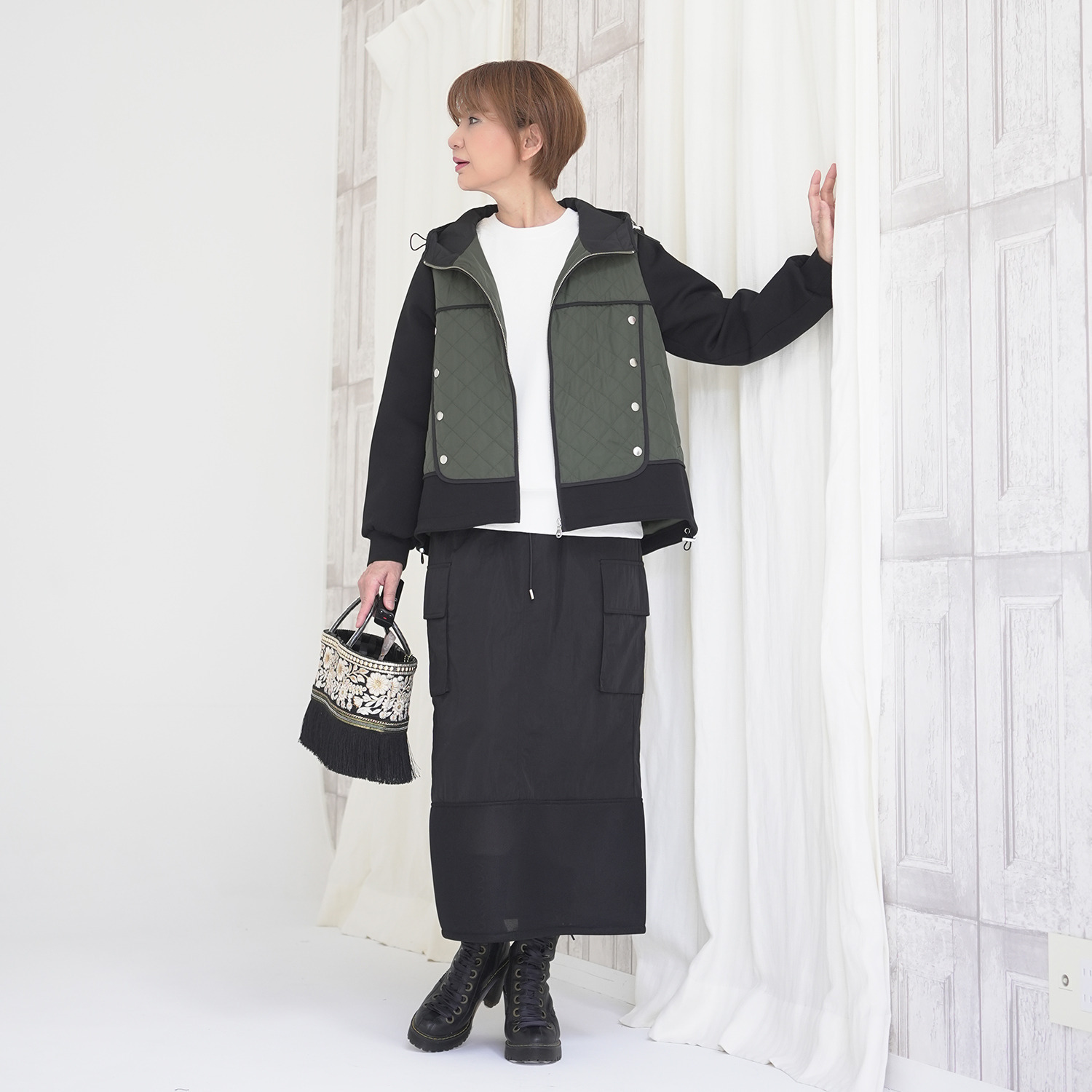 エムズ　スタイル キルティングデザイン パイピングアクセント フーディーブルゾン