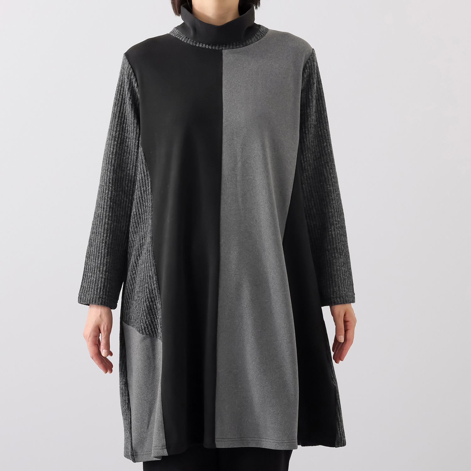 コイビトミサキ　ブラック 異素材切替 デザイン ロングチュニック