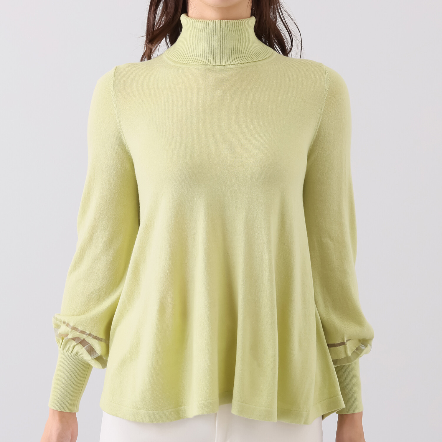 メリオン カシミヤタッチの肌触り シアー切替デザイン ハイネック ニットプルオーバー