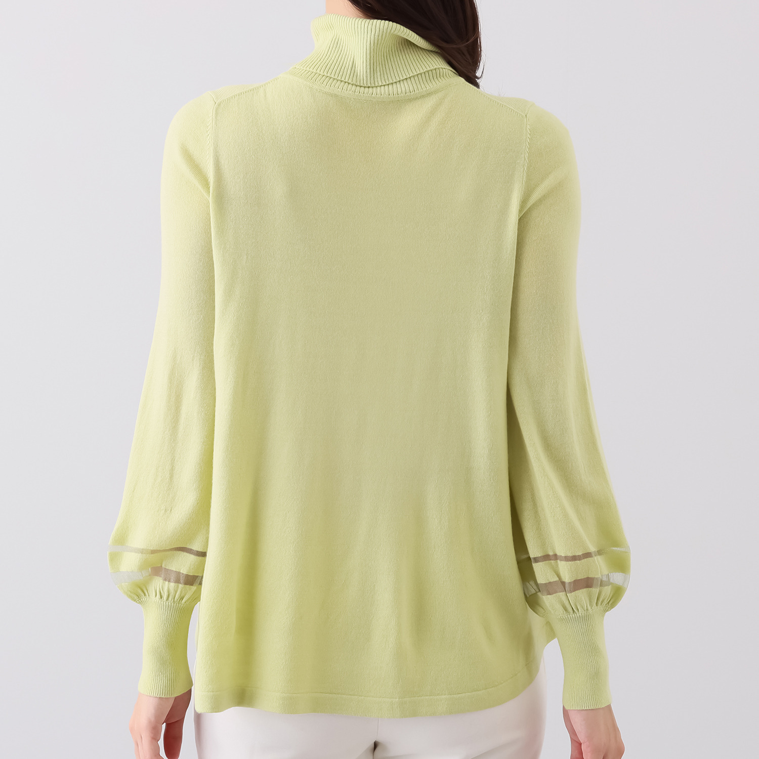 メリオン カシミヤタッチの肌触り シアー切替デザイン ハイネック ニットプルオーバー