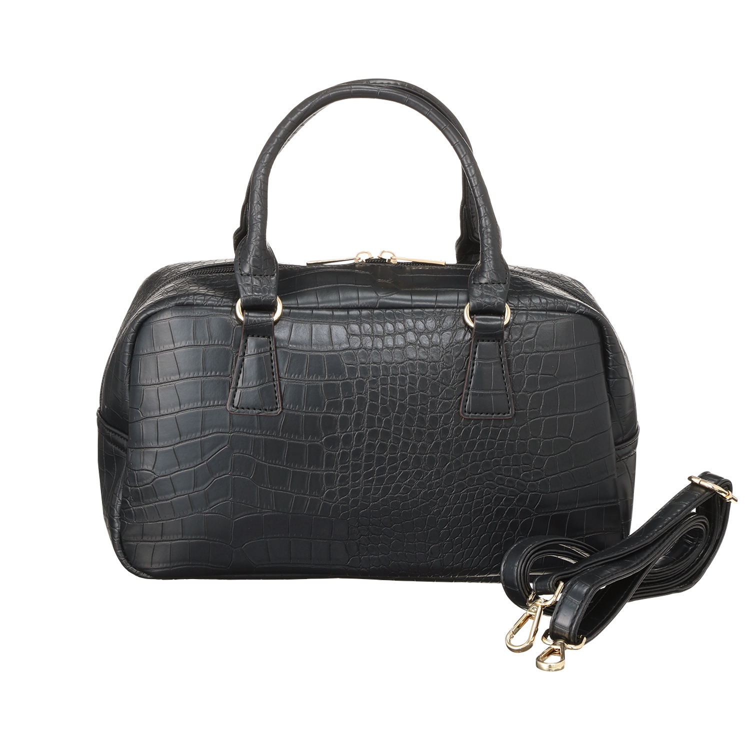 ラルジュ リアルな高級感！ クロコダイル型押し フェイクレザー ２ウェイ スクエアボストンバッグ