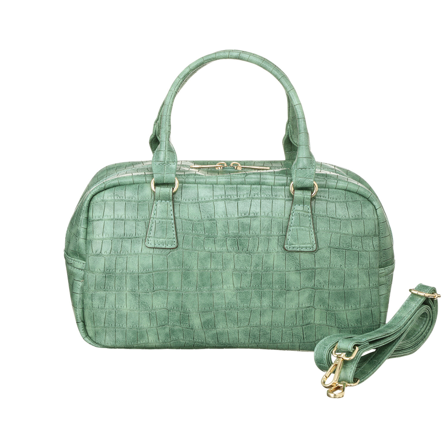 ラルジュ リアルな高級感！ クロコダイル型押し フェイクレザー ２ウェイ スクエアボストンバッグ